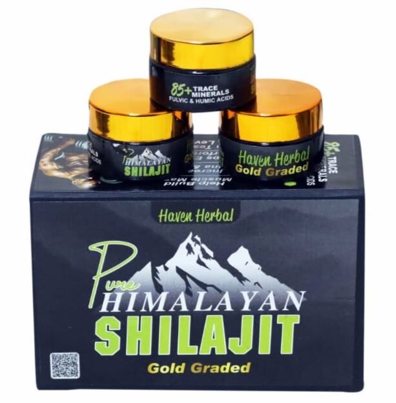 100% Pure Himalayan Shilajit gold-graded jars stacked on Haven Herbal box.